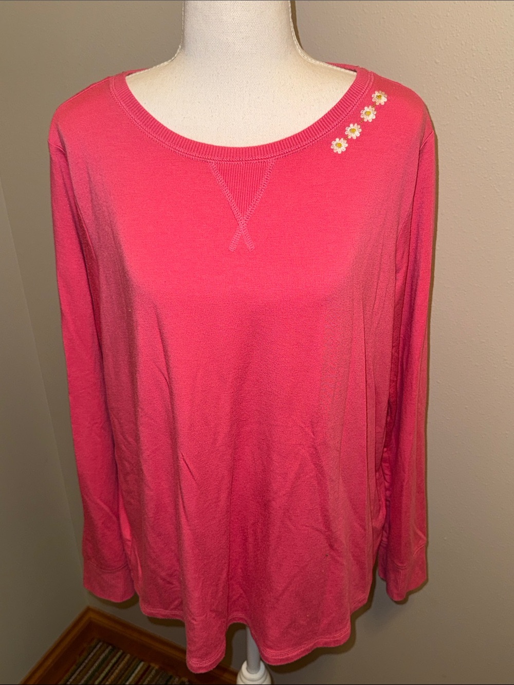 Women’s Rachel Zoe Pink Long-Sleeve Crewneck Top with Daisy Detail - Large